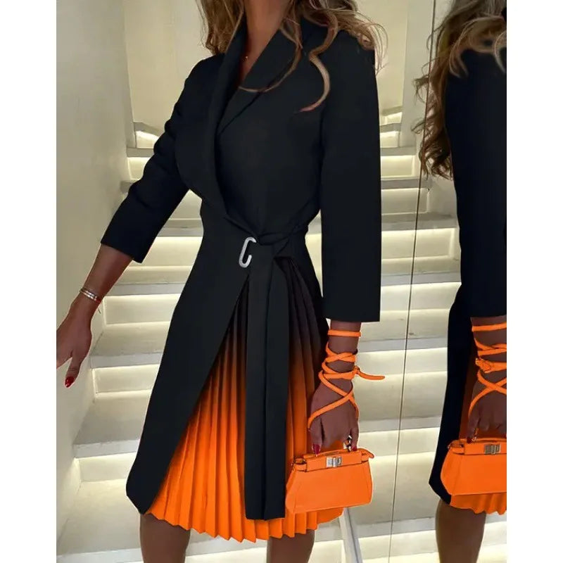 Elegant Office Lady Pleated Blazer Dress Women Spring Autumn Fashion Bodycon Party Slim Dress with Slit Tied Dress