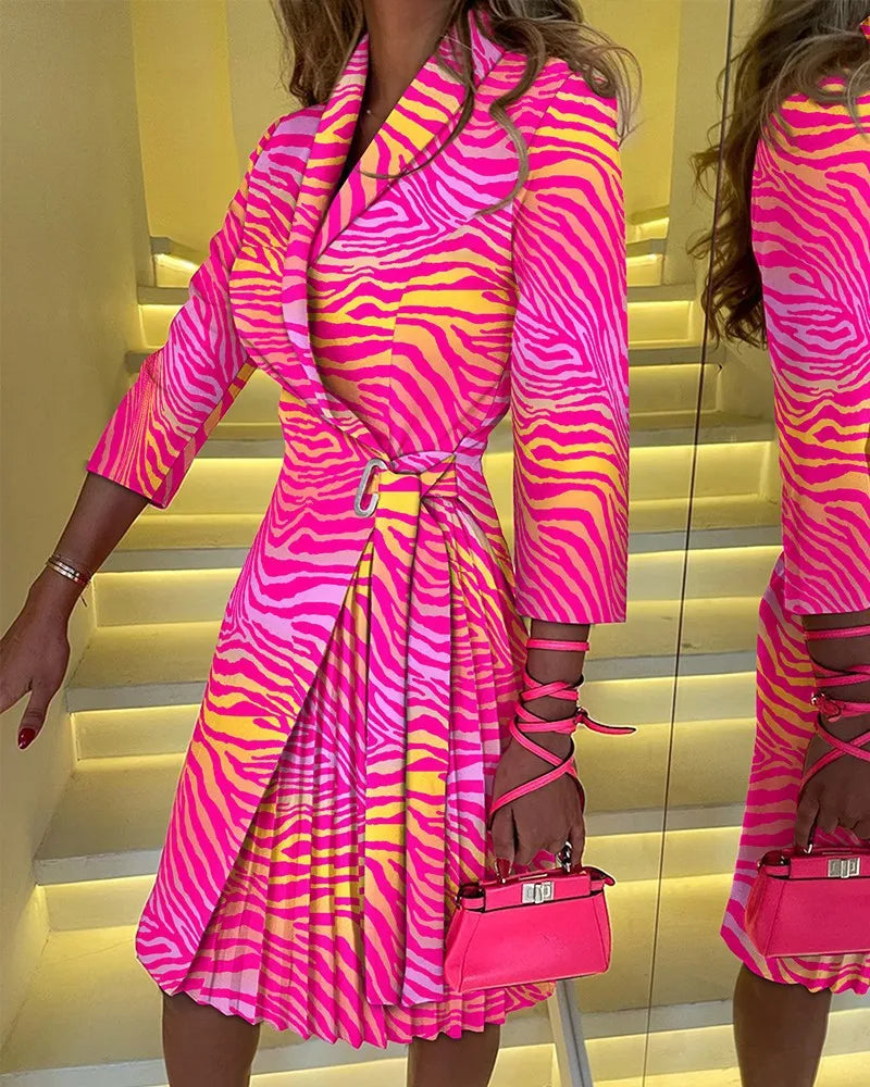 Elegant Office Lady Pleated Blazer Dress Women Spring Autumn Fashion Bodycon Party Slim Dress with Slit Tied Dress