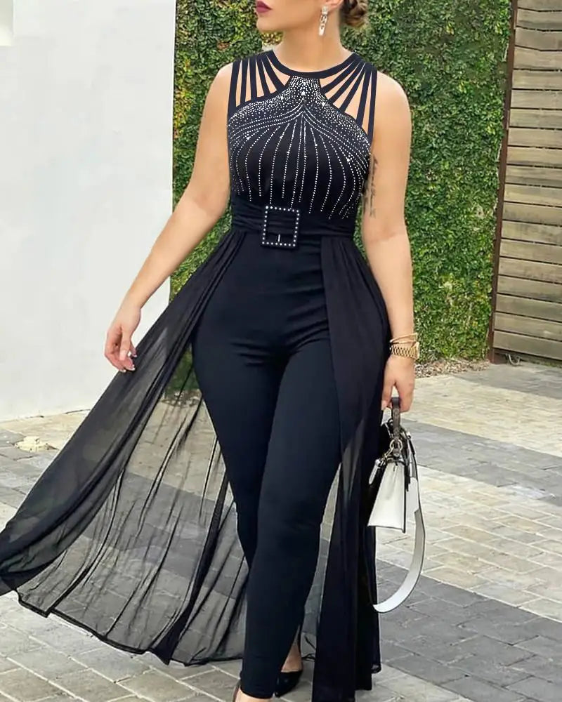 Women's Sexy Round Neck Rhinestone Sheer Mesh Sleeveless Jumpsuit with Belt Party Club Jumpsuit