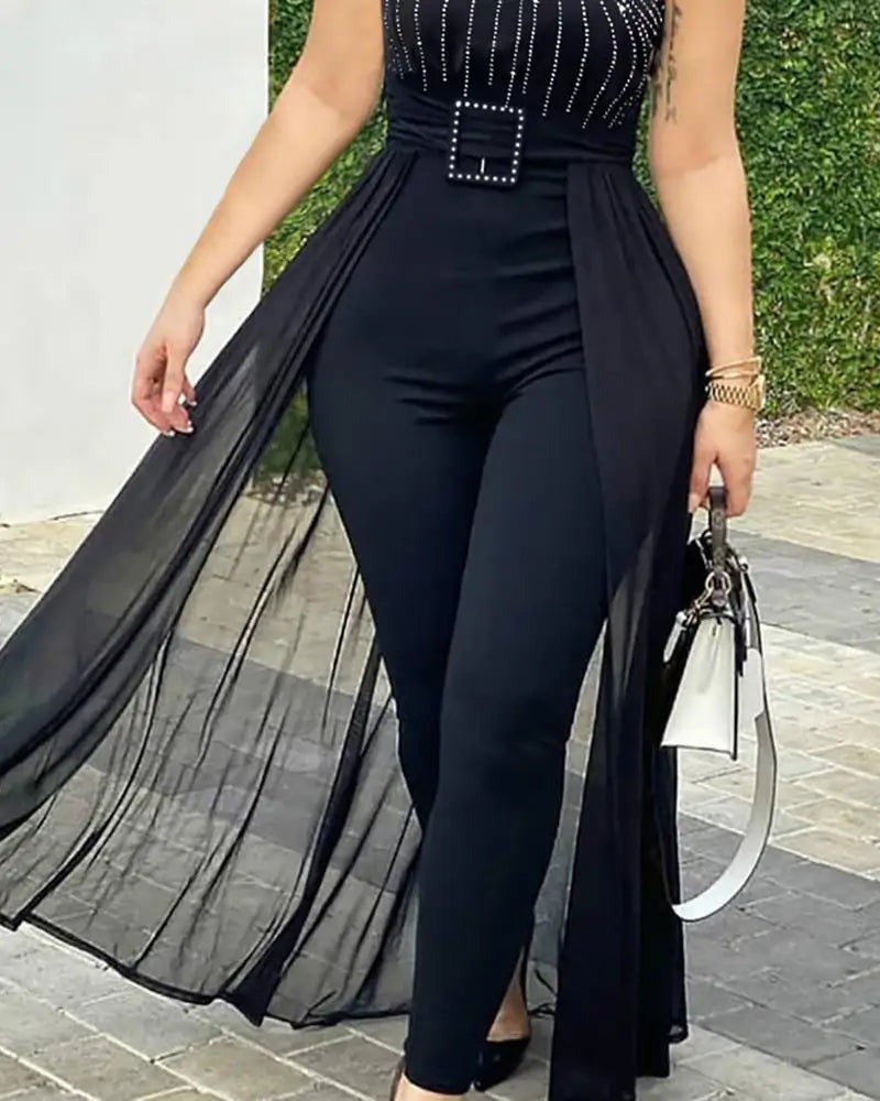 Women's Sexy Round Neck Rhinestone Sheer Mesh Sleeveless Jumpsuit with Belt Party Club Jumpsuit