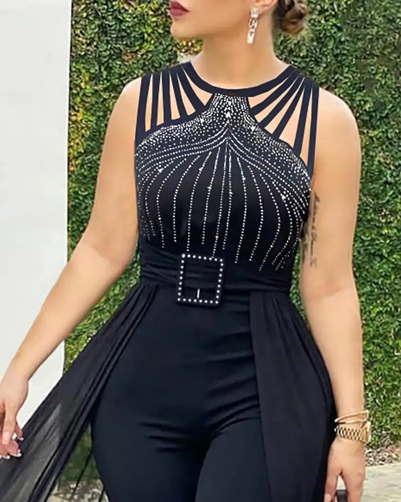 Women's Sexy Round Neck Rhinestone Sheer Mesh Sleeveless Jumpsuit with Belt Party Club Jumpsuit