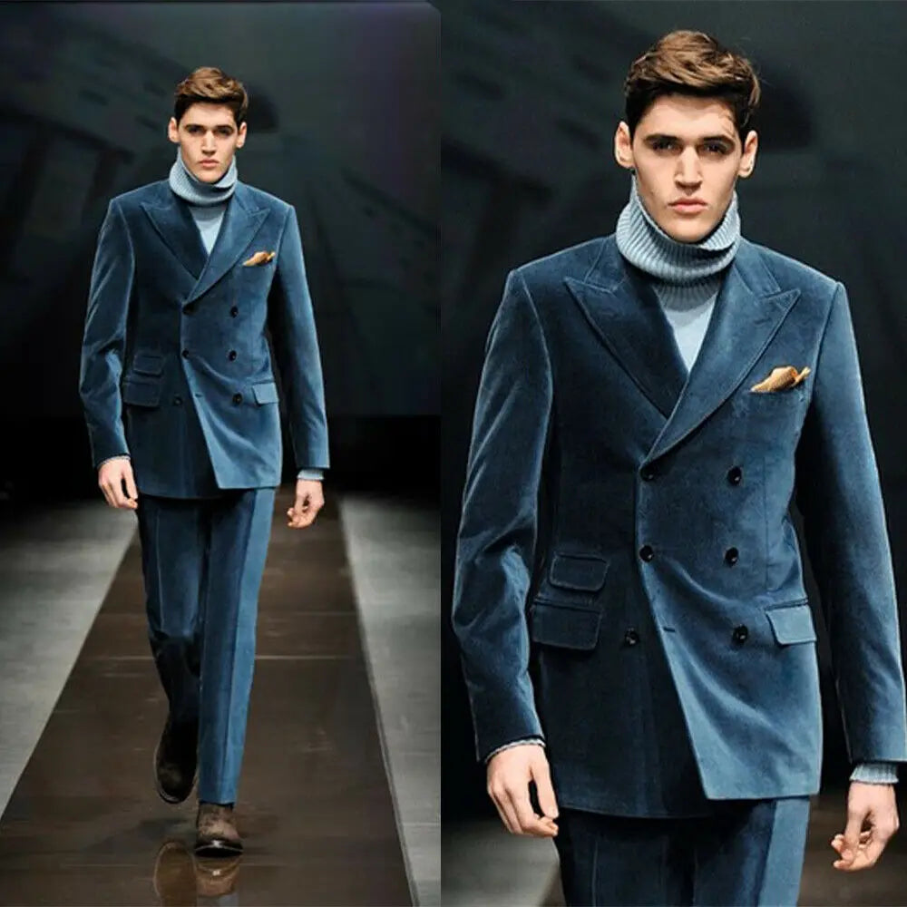 Men Suits Fashion Peak Lapel Male Blazer Chic Double Breasted Slim Fit Suit Wedding Party 2 Piece Jacket Pants