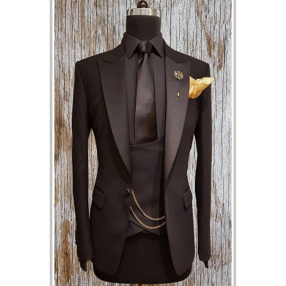 Costume Homme Black Peak Lapel Men Suits 3 Pieces Slim Fit Set Groom Tuxedos Terno Wedding Blazer (Jacket+Pants+Vest)