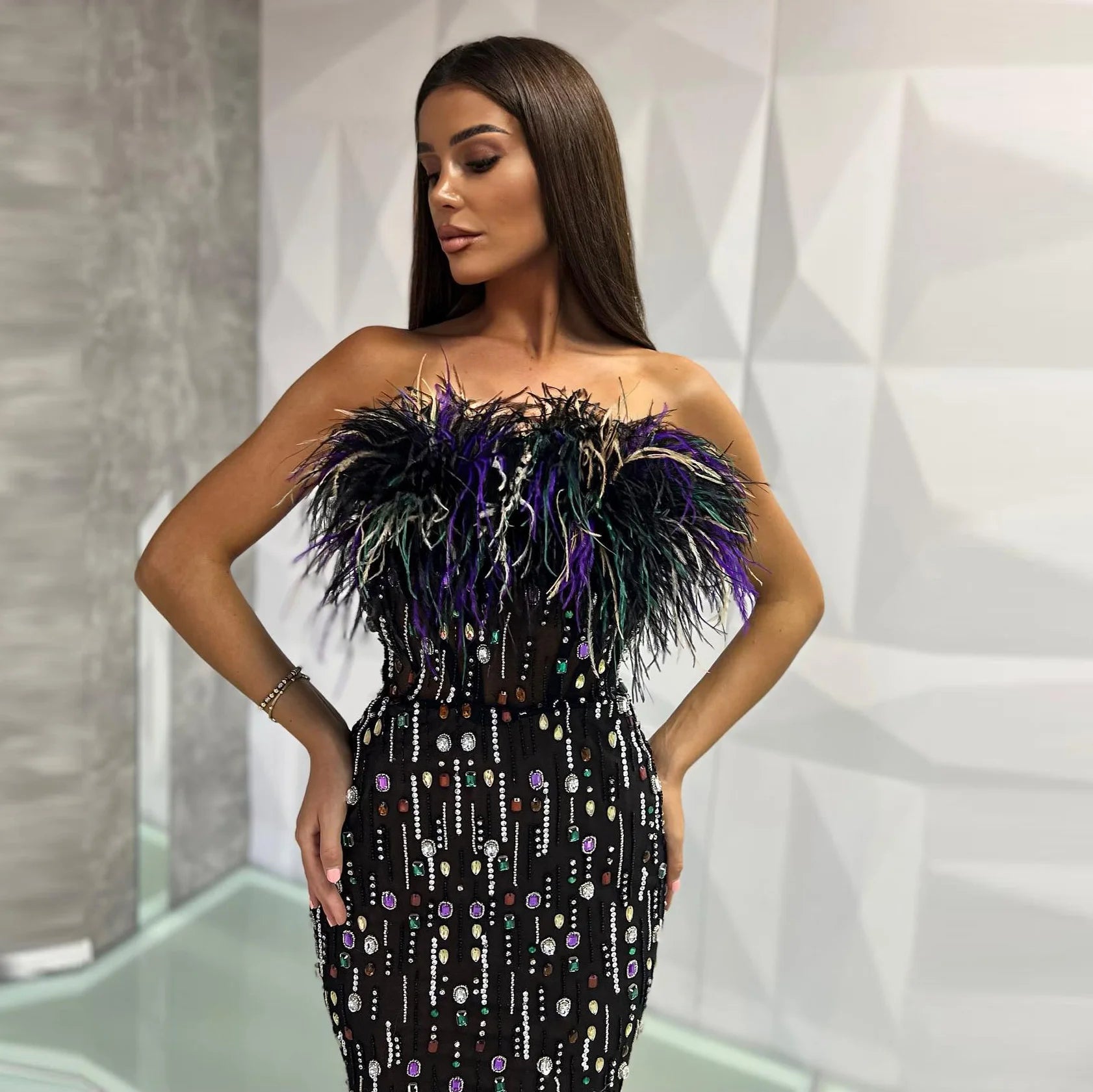 High Waist And Long Heavy Industry Beading Party Praty Toast Dress Ladies Evening Dress