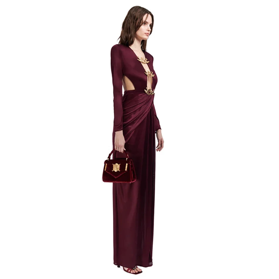 New Wine Red Sexy Open Backless Long Sleeve Sewing Button Casual Dress Evening Dress Party Toast Wedding