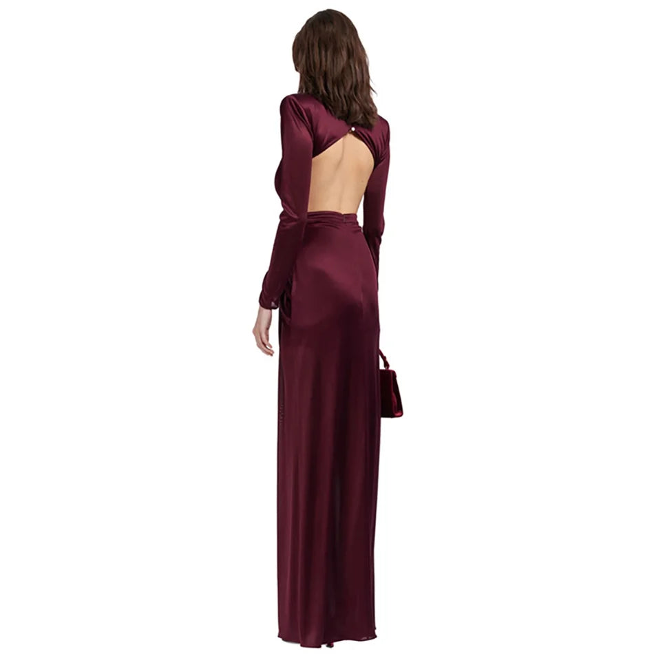 New Wine Red Sexy Open Backless Long Sleeve Sewing Button Casual Dress Evening Dress Party Toast Wedding