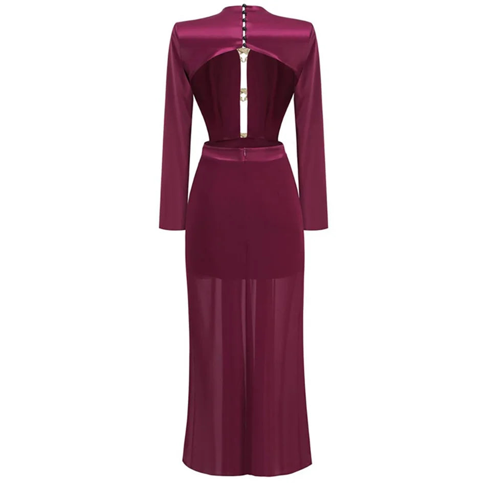 New Wine Red Sexy Open Backless Long Sleeve Sewing Button Casual Dress Evening Dress Party Toast Wedding