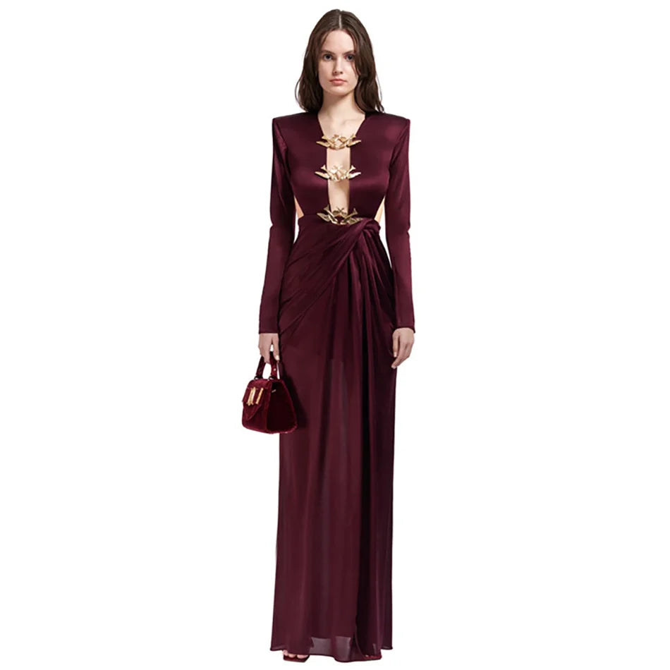 New Wine Red Sexy Open Backless Long Sleeve Sewing Button Casual Dress Evening Dress Party Toast Wedding