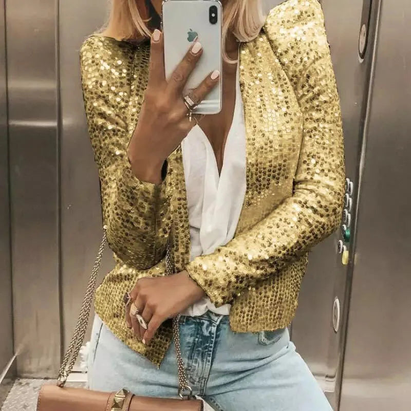 Sequin Women Jackets Shiny Glitter Long Sleeve Short Jacket Coats Elegant Spring Outwear Office Ladies Solid Cardigan Coat