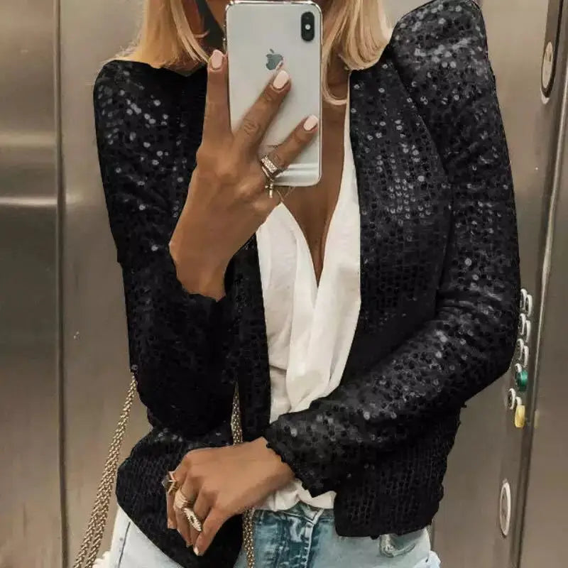 Sequin Women Jackets Shiny Glitter Long Sleeve Short Jacket Coats Elegant Spring Outwear Office Ladies Solid Cardigan Coat