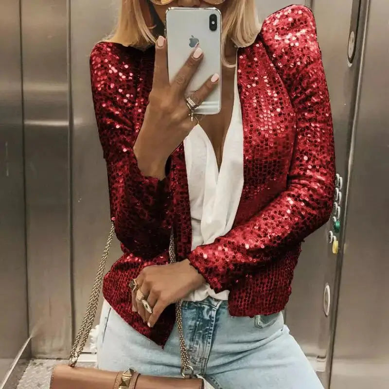 Sequin Women Jackets Shiny Glitter Long Sleeve Short Jacket Coats Elegant Spring Outwear Office Ladies Solid Cardigan Coat