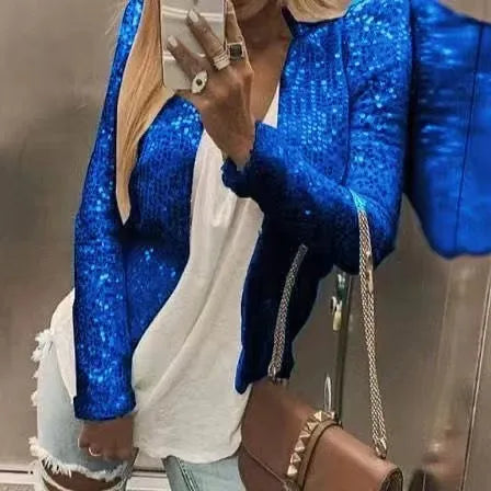 Sequin Women Jackets Shiny Glitter Long Sleeve Short Jacket Coats Elegant Spring Outwear Office Ladies Solid Cardigan Coat