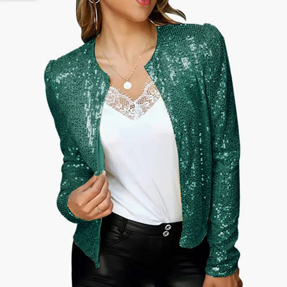 Sequin Women Jackets Shiny Glitter Long Sleeve Short Jacket Coats Elegant Spring Outwear Office Ladies Solid Cardigan Coat