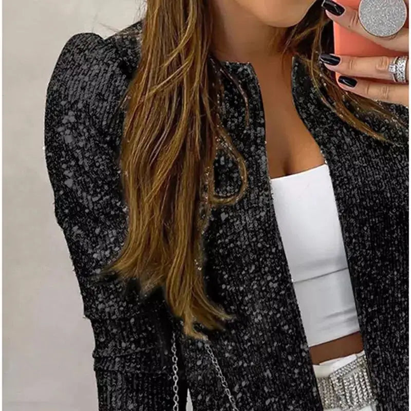 Sequin Women Jackets Shiny Glitter Long Sleeve Short Jacket Coats Elegant Spring Outwear Office Ladies Solid Cardigan Coat