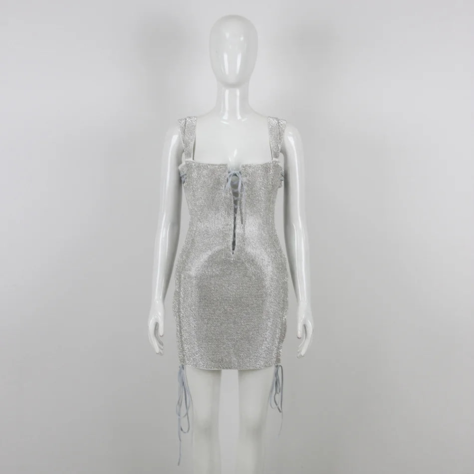 Color Rhinestones Sexy Sling Lace Up Hollow Out Wrapped Double Strap Mini Dress