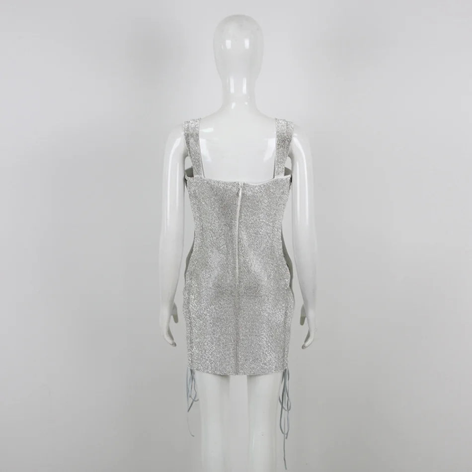 Color Rhinestones Sexy Sling Lace Up Hollow Out Wrapped Double Strap Mini Dress