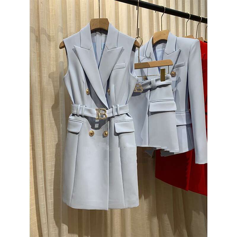 Women Luxury with Belt Glod Button Sleeveless Tank Dress Lady Chic Dress