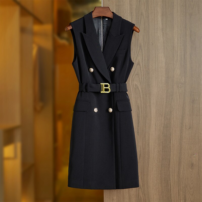Women Luxury with Belt Glod Button Sleeveless Tank Dress Lady Chic Dress