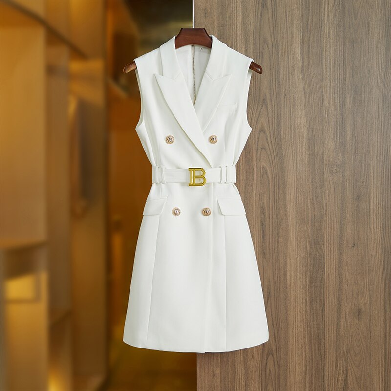 Women Luxury with Belt Glod Button Sleeveless Tank Dress Lady Chic Dress