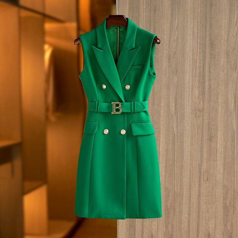 Women Luxury with Belt Glod Button Sleeveless Tank Dress Lady Chic Dress