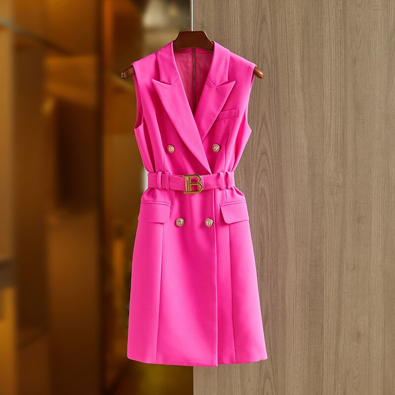 Women Luxury with Belt Glod Button Sleeveless Tank Dress Lady Chic Dress