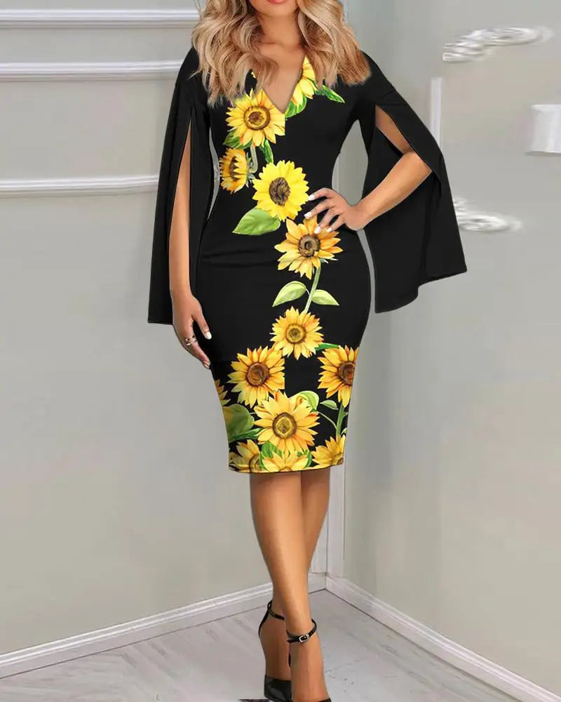 V-neck Sexy Fashion Flower Printed Dress for Women Slim Long-sleeved Bodycon Pencil Midi Dress Vestidos Mujer