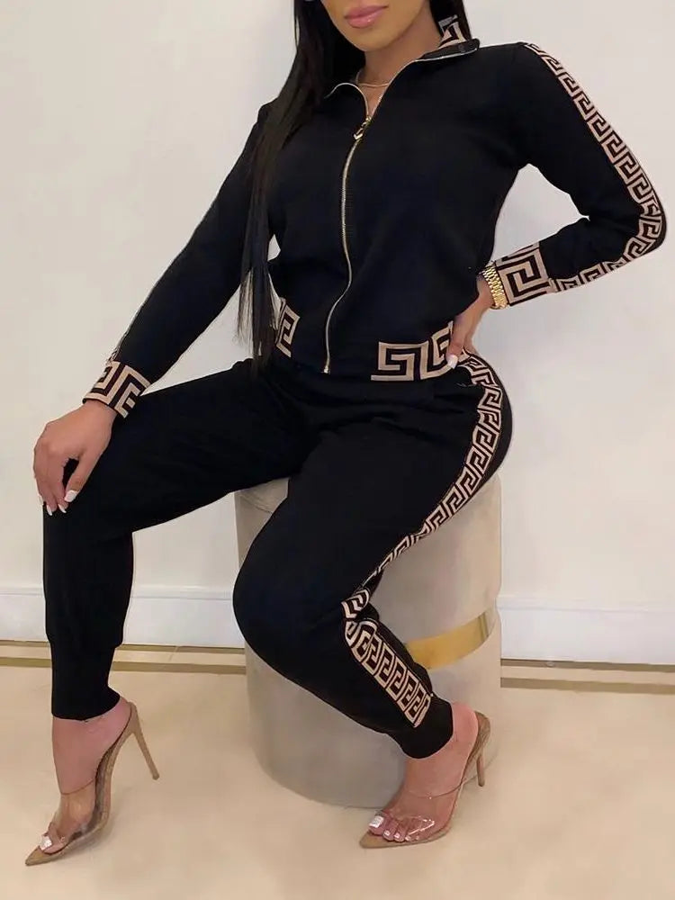 Tracksuits Women Elegant Two-Pieces Suit Sets Female Stylish Plus Size Greek Fret Print Coat & Pant Zip Sets Joggers Women