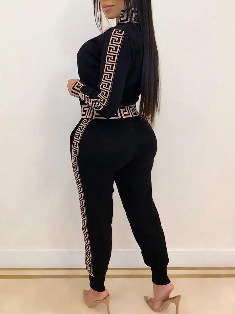 Tracksuits Women Elegant Two-Pieces Suit Sets Female Stylish Plus Size Greek Fret Print Coat & Pant Zip Sets Joggers Women