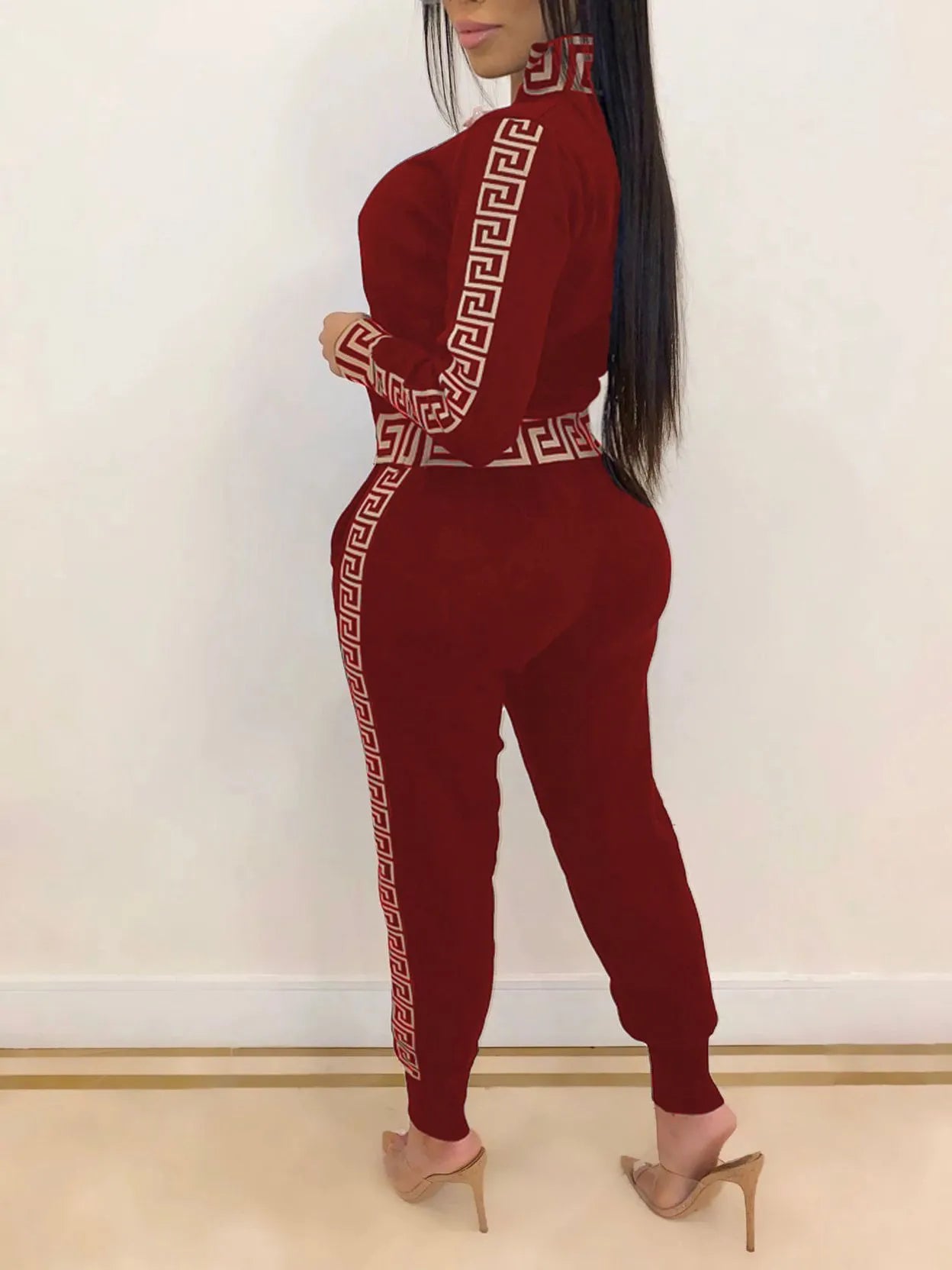 Tracksuits Women Elegant Two-Pieces Suit Sets Female Stylish Plus Size Greek Fret Print Coat & Pant Zip Sets Joggers Women