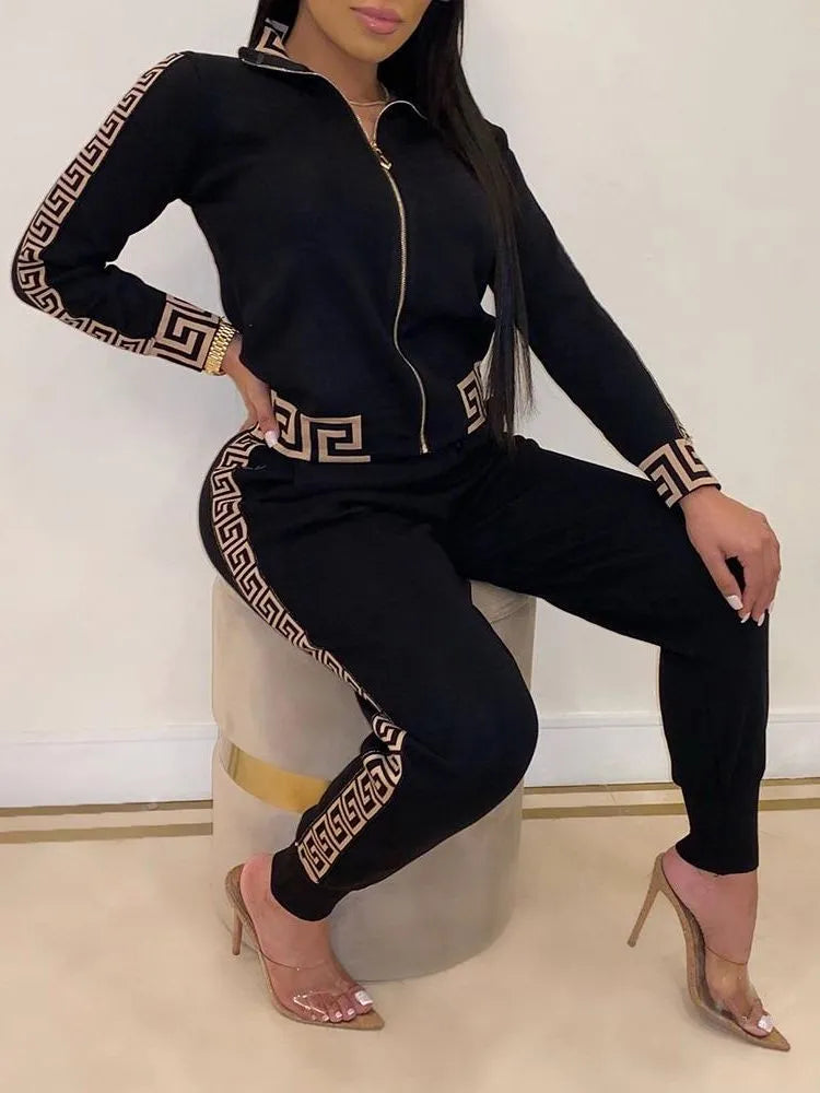 Tracksuits Women Elegant Two-Pieces Suit Sets Female Stylish Plus Size Greek Fret Print Coat & Pant Zip Sets Joggers Women
