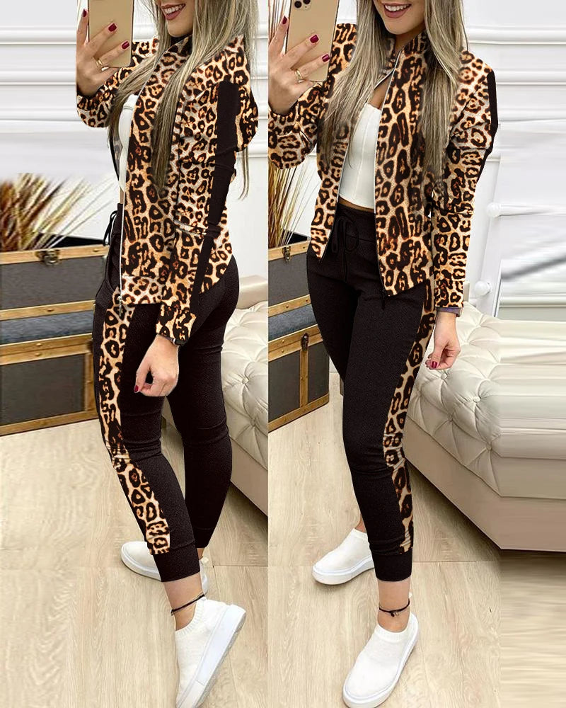 Trend Leopard 2 Two Piece Set Women Outfits Activewear Zipper Top Leggings Women Matching Set Tracksuit Female Outfits for Women