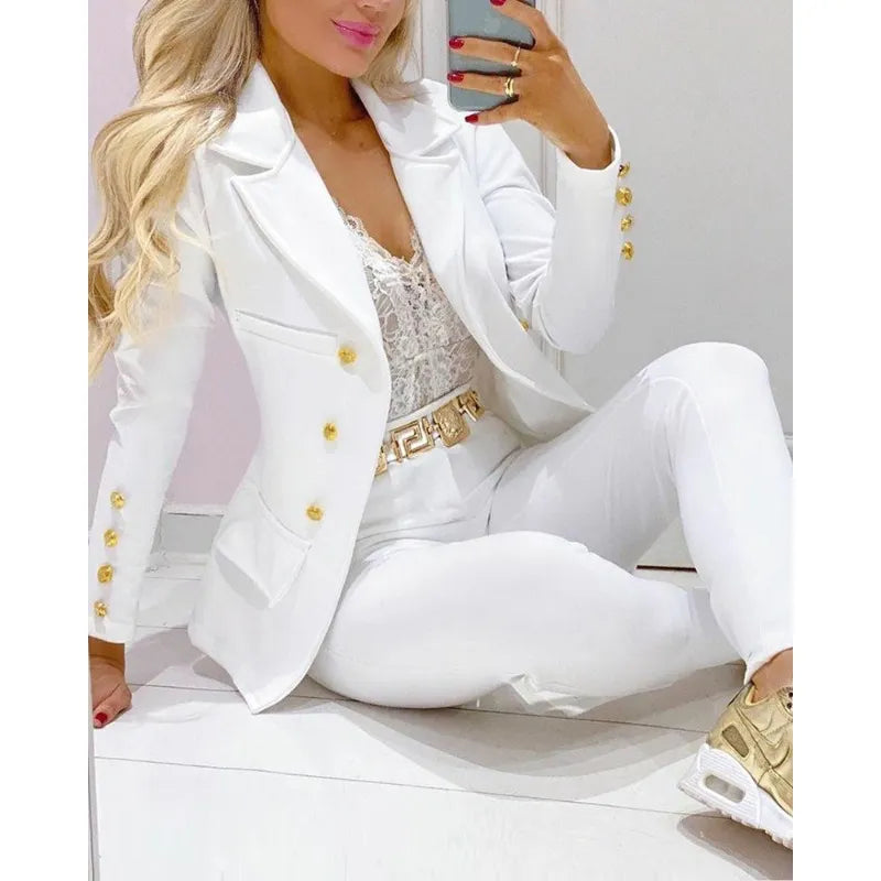 Women 2pcs Clothes Set Solid Color Cardigan Single-Breasted French Casual Suit Jacket Skinny Pants