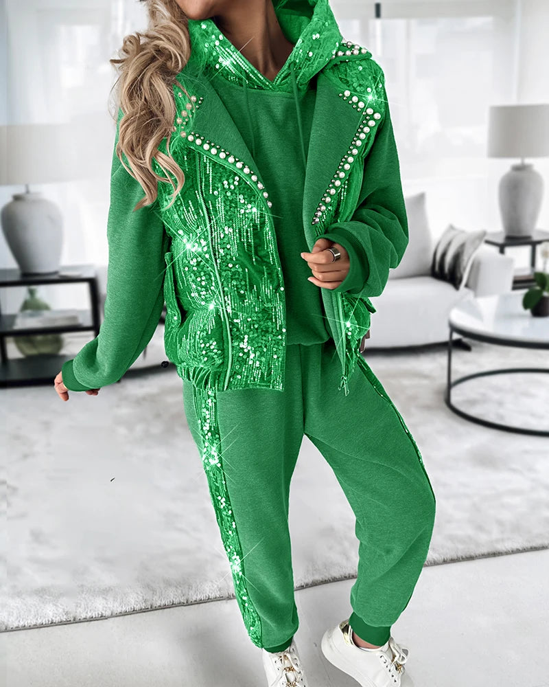 Women Contrast Sequin Hoodie & Cuffed Pants Set With Beaded Puffer Vest Coat Three Piece Suit Autumn Winter Clothes Female