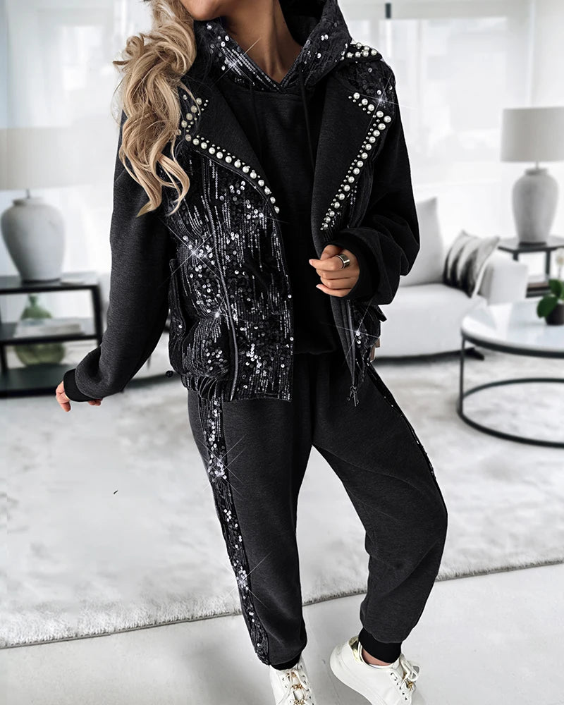 Women Contrast Sequin Hoodie & Cuffed Pants Set With Beaded Puffer Vest Coat Three Piece Suit Autumn Winter Clothes Female