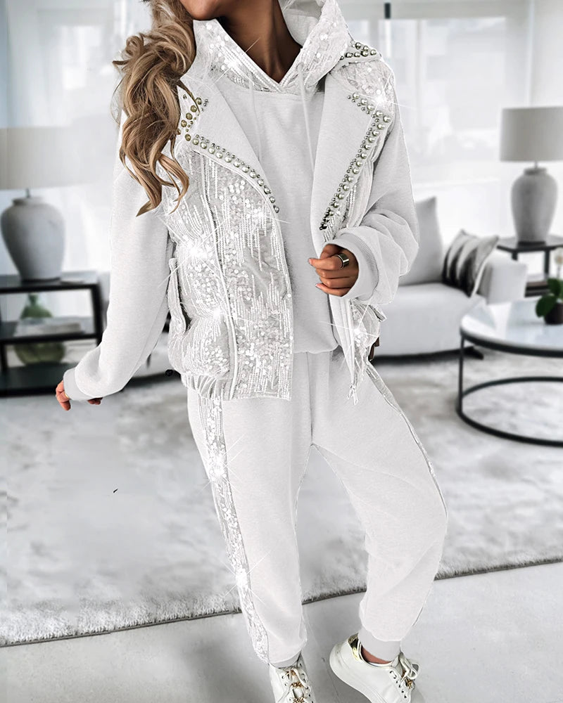 Women Contrast Sequin Hoodie & Cuffed Pants Set With Beaded Puffer Vest Coat Three Piece Suit Autumn Winter Clothes Female