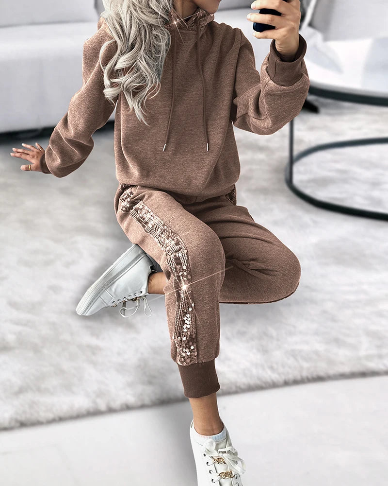 Women Contrast Sequin Hoodie & Cuffed Pants Set With Beaded Puffer Vest Coat Three Piece Suit Autumn Winter Clothes Female