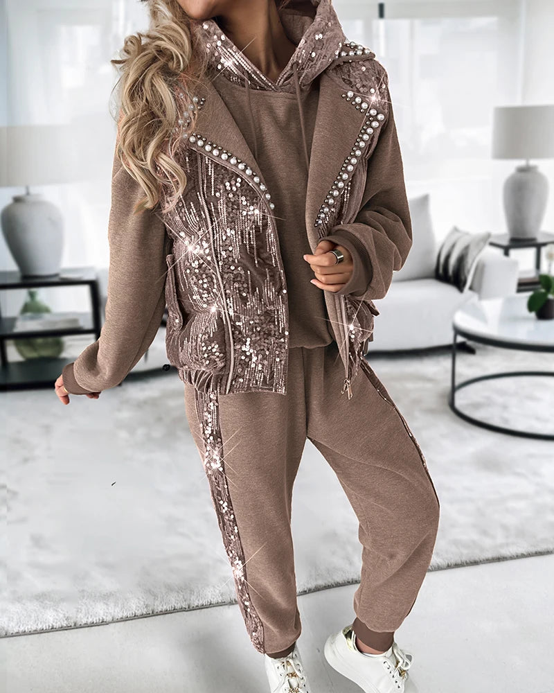 Women Contrast Sequin Hoodie & Cuffed Pants Set With Beaded Puffer Vest Coat Three Piece Suit Autumn Winter Clothes Female