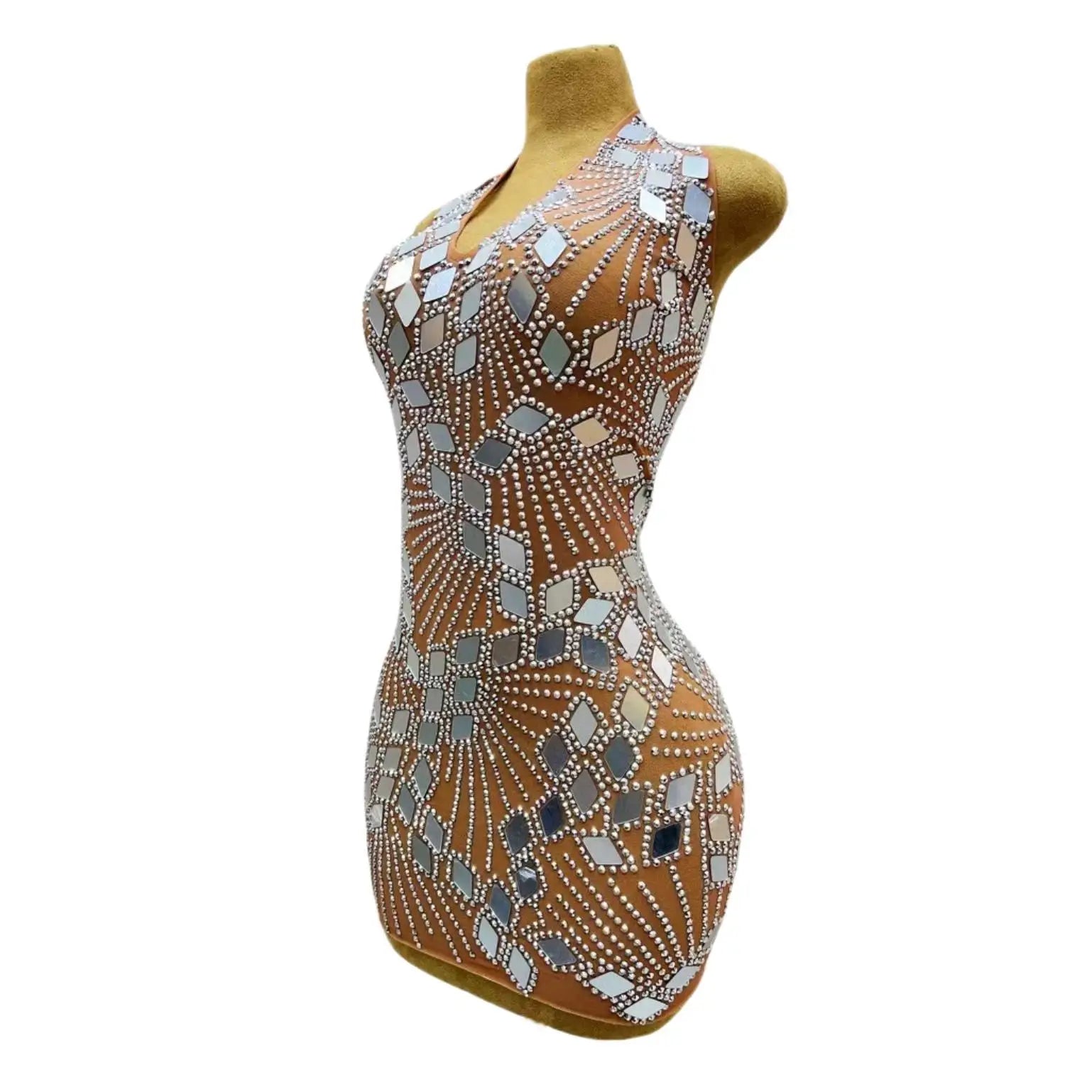 Bright Silver Mirrors Backless Mini Dress for Women Rhinetones Birthday Evening Celebrate Costume Short Prom Dresses