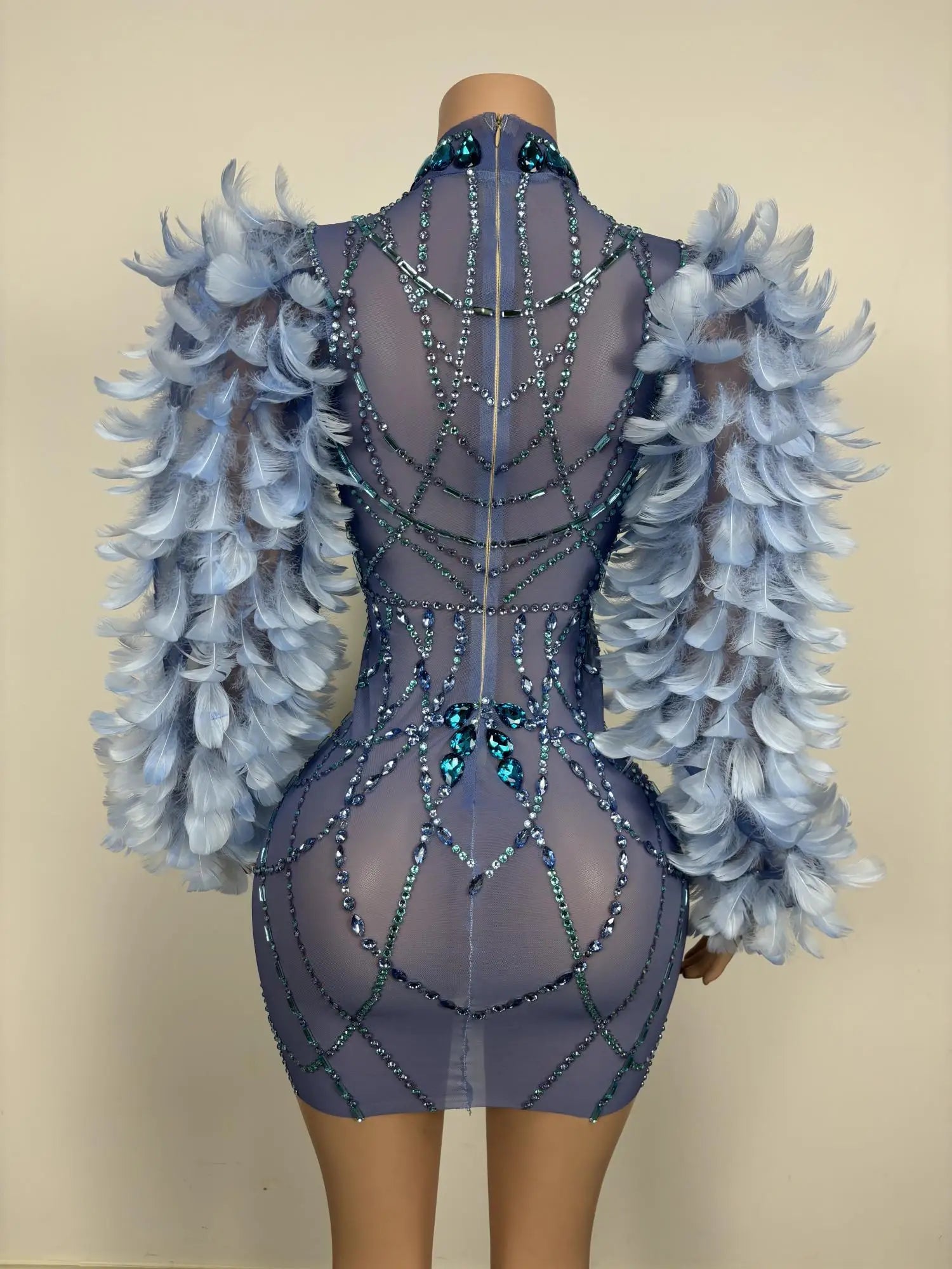 Sparkly Handmade Crystals Women Birthday Party Gowns Sexy See Through Blue Feather Sleeve Black Girls Short Mini Prom Dress