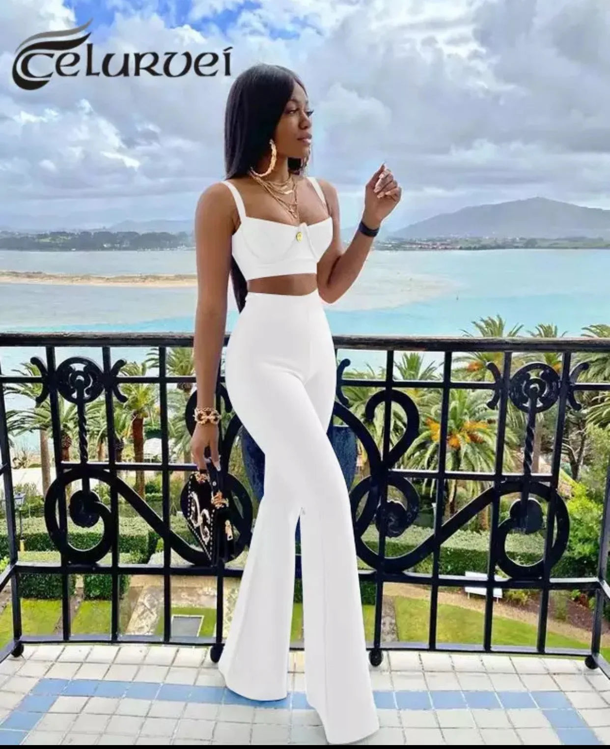 Celebrity Sexy Bandage Two-piece Set Tight Short Top & High Waist Flared Trousers Pants Set