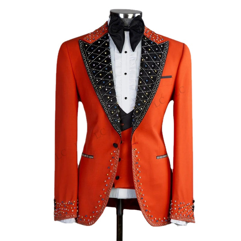 Luxury Diamonds 3 Pieces Blazer Pants Beadings Vest One ButtonMen Suits Tuxedo FashionFormal Prom Wedding Groom Plus Size Custom