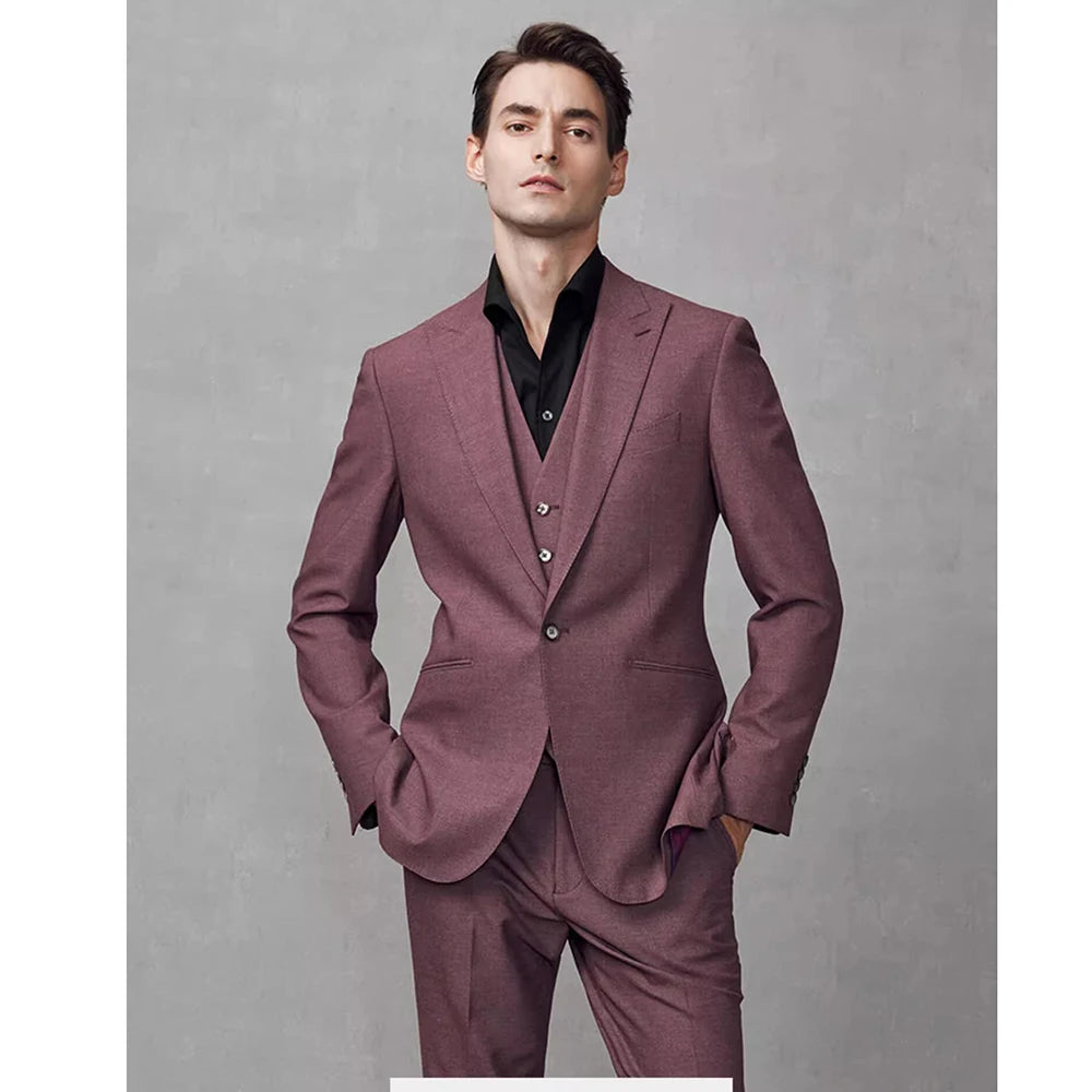 3 Piece Fashion Peak Lapel Solid Color Gentleman Slim Fit Male Suits Business Casual Wedding Party Tuxedos Blazer Vest Pants