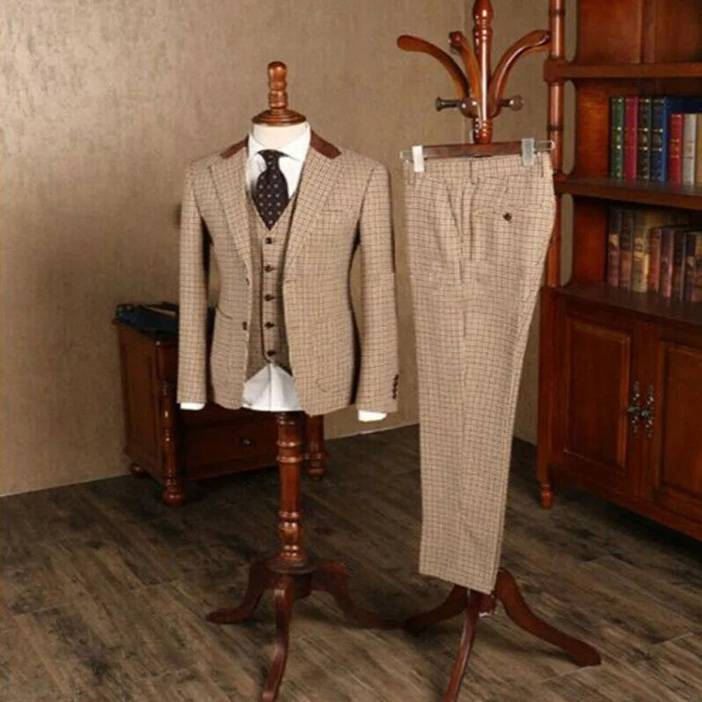 3 Piece Formal Classic Plaid Suits for Men Slim Fit Groom Wedding Tuxedo Prom Business Casual Male Suit Jacket Vest with Pants