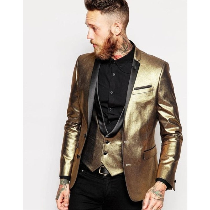 3 Piece Shiny Tuxedos Men's Slim Fit Gold Suits Lapel Cran Groom Tuxedos Bridesmaids Men's Wedding Suits Costume Homme Men Cloth