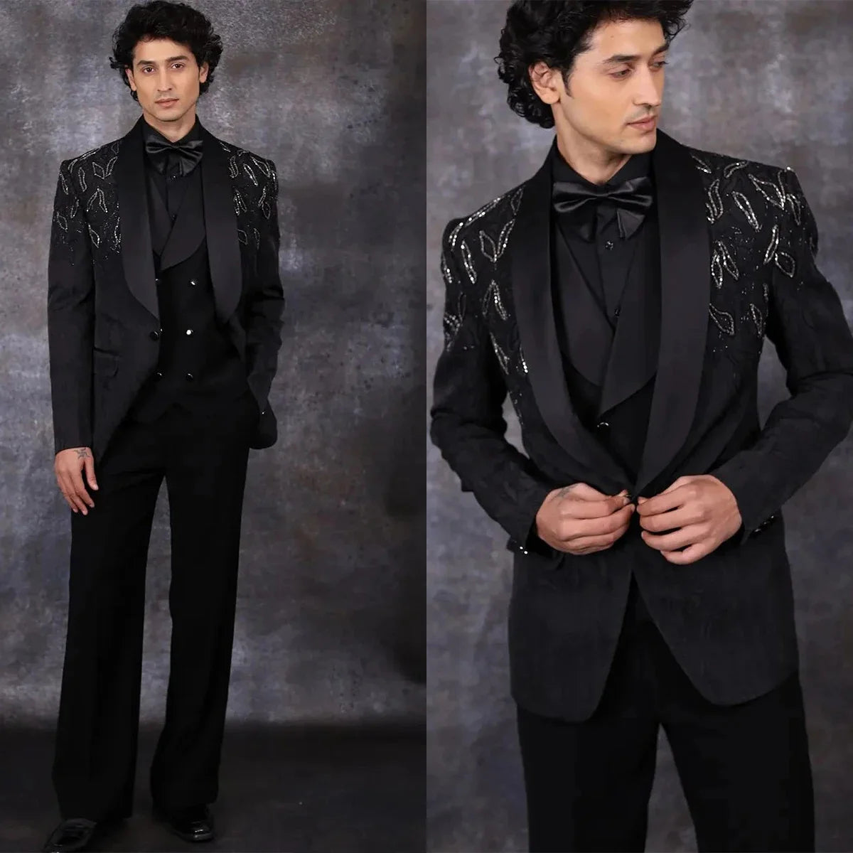 3 Pieces Crystals Beaded  Prom Luxury Men Suit Blazer Vest Pants One Button Tuxedo Slim Wedding Groom Plus Size Costume Homme