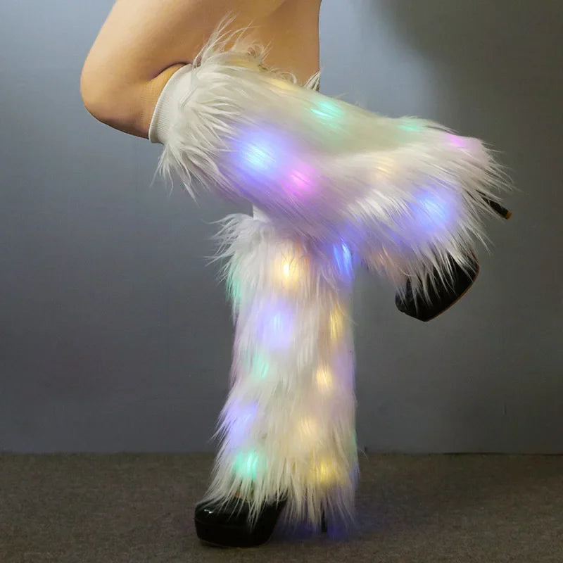 40cm Exaggerated disco Club Imitation Wool Boots Plush Socks Long Lighted Stage Performance Fur Fluffy High Leg Guards Female