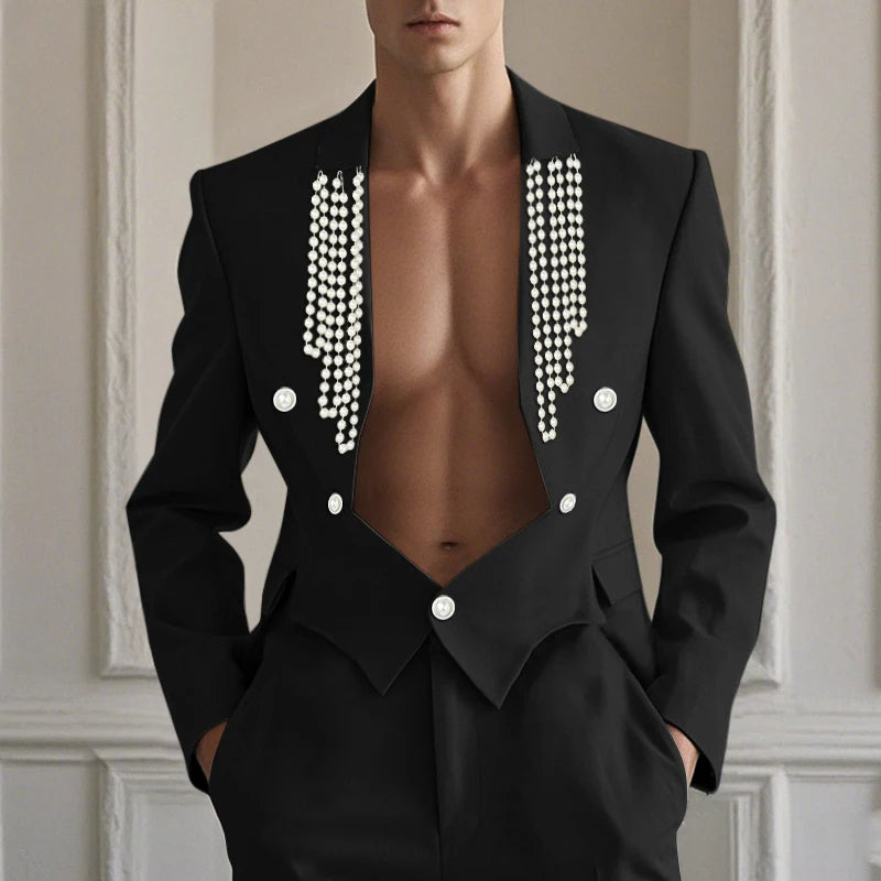 Tops American Style Fashion Men Pearl Decoration Design Suit Casual Simple Male Solid Long Sleeved Blazer
