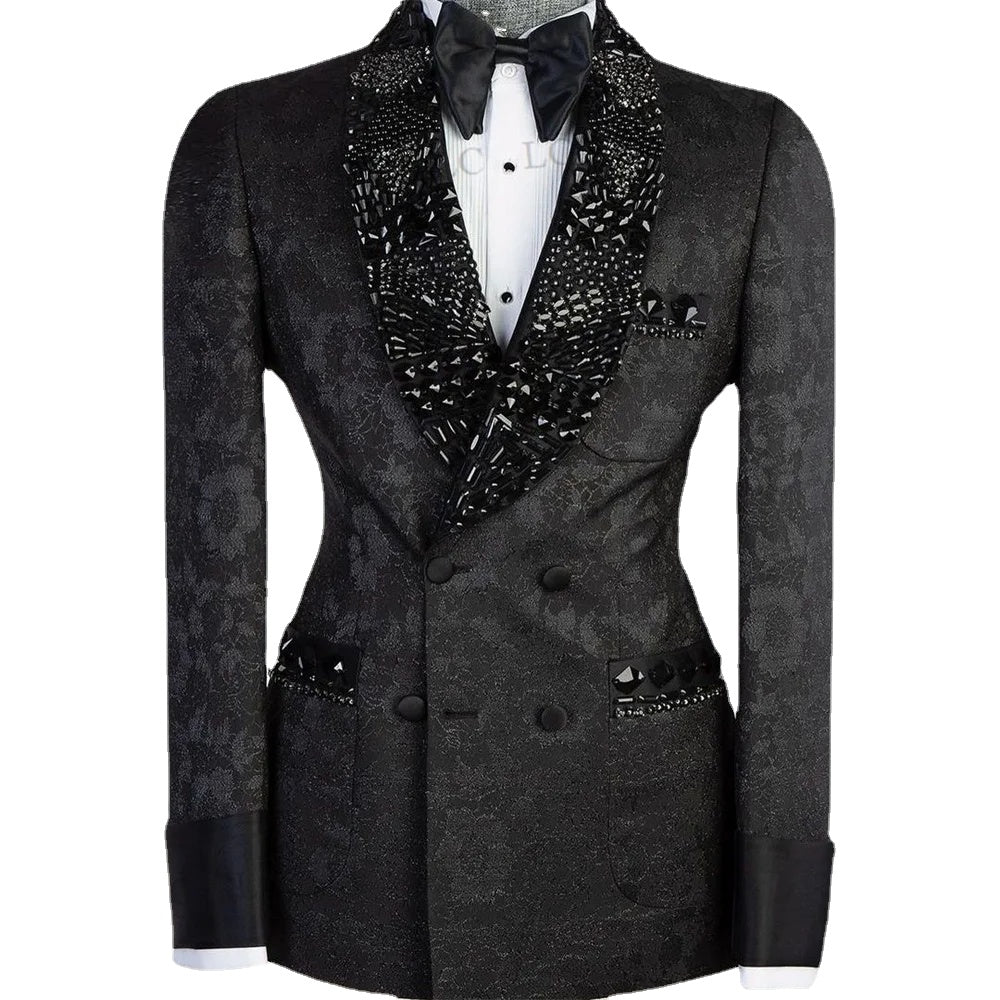 Floral 2 Pieces Blazer Pants Jacquard Diamonds Crystals Men Suits Tuxedo Fashion Formal Prom Wedding Groom Plus Size Custom