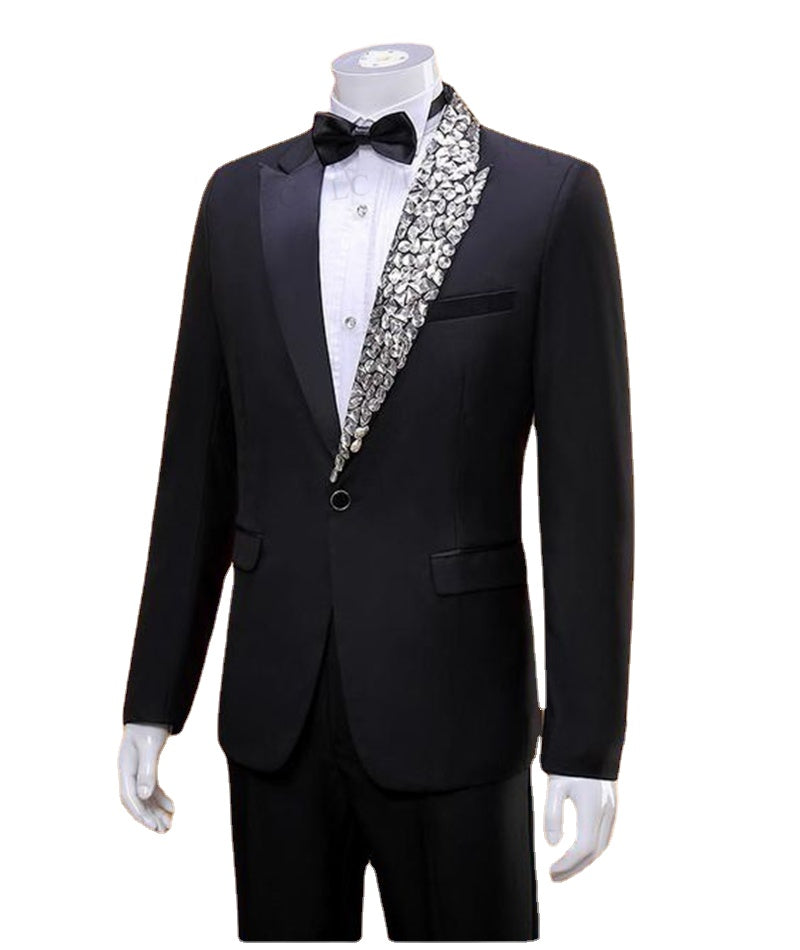 Diamonds Crystals Luxury BlackWedding Groom Men Suits 2 Piece Blazer Pants One Button Tuxedo Formal Work Prom Plus Size Tailored