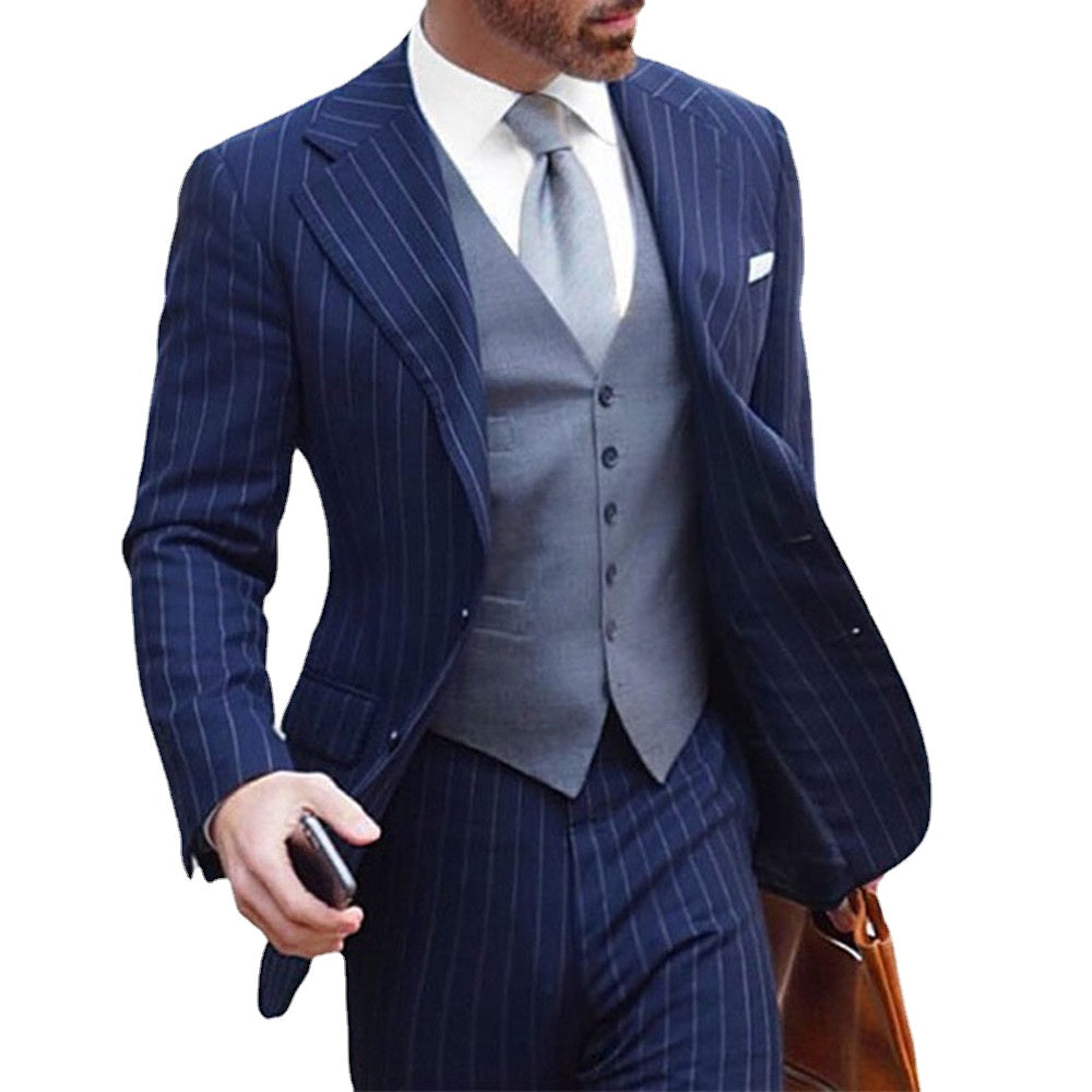 Costume Homme Blue Stripe 3 Piece Slim Fit Men Suit Light Grey Waistcoat Custom Groom Wedding Tuxedo Prom Wedding Men Suit